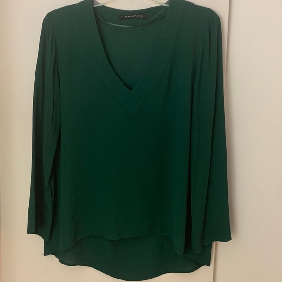 Zara Dark Green V-Neck Long Sleeve Blouse - Picture 2 of 9